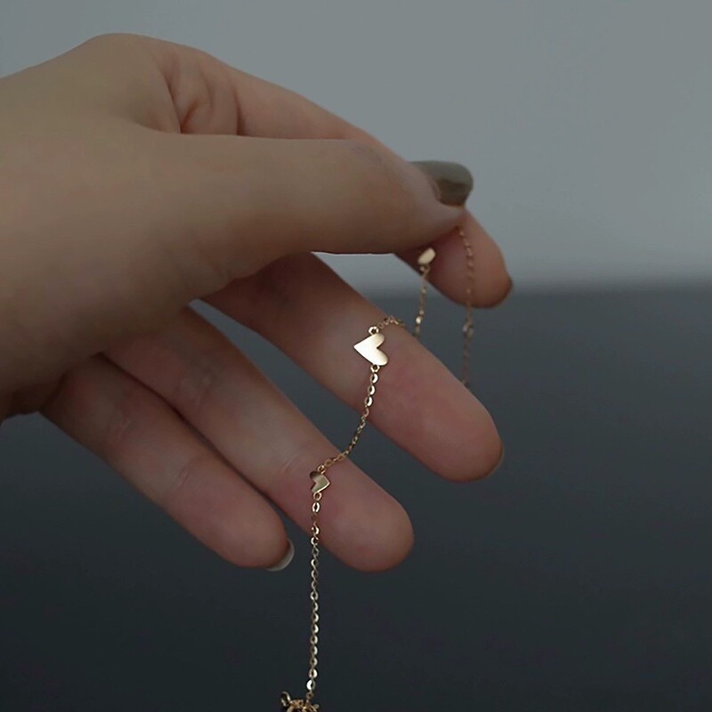 Plated S925 Sterling Silver Electroplated 14K Gold Mini Gradient Small Heart Anklet Glossy Heart-Shaped Cute Versatile Bracelet