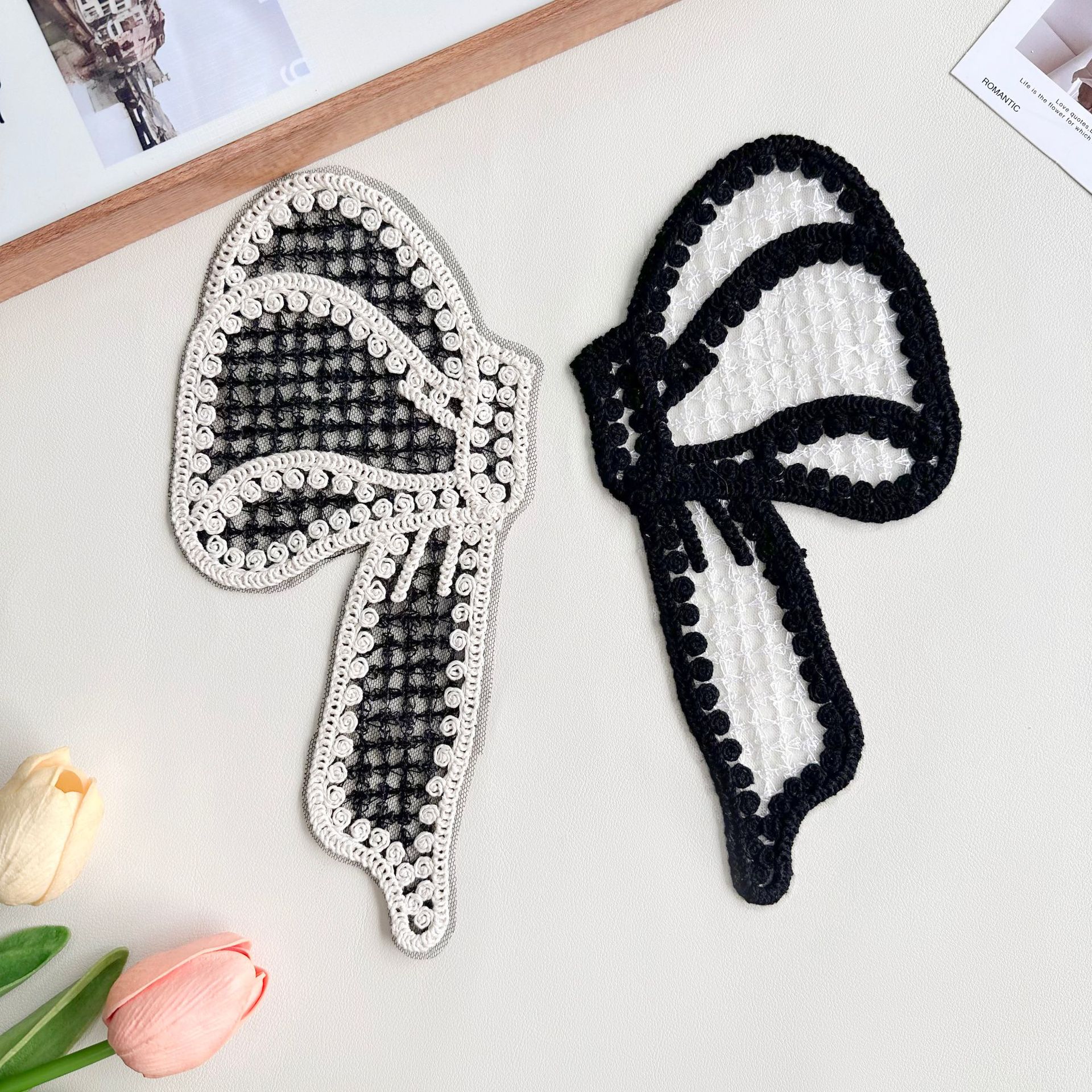 Clavos hechos a mano ganchillo blanco y negro arco de tela pegatinas DIY ropa bolsas sombreros accesorios decoración calcomanías de sequillas image 4