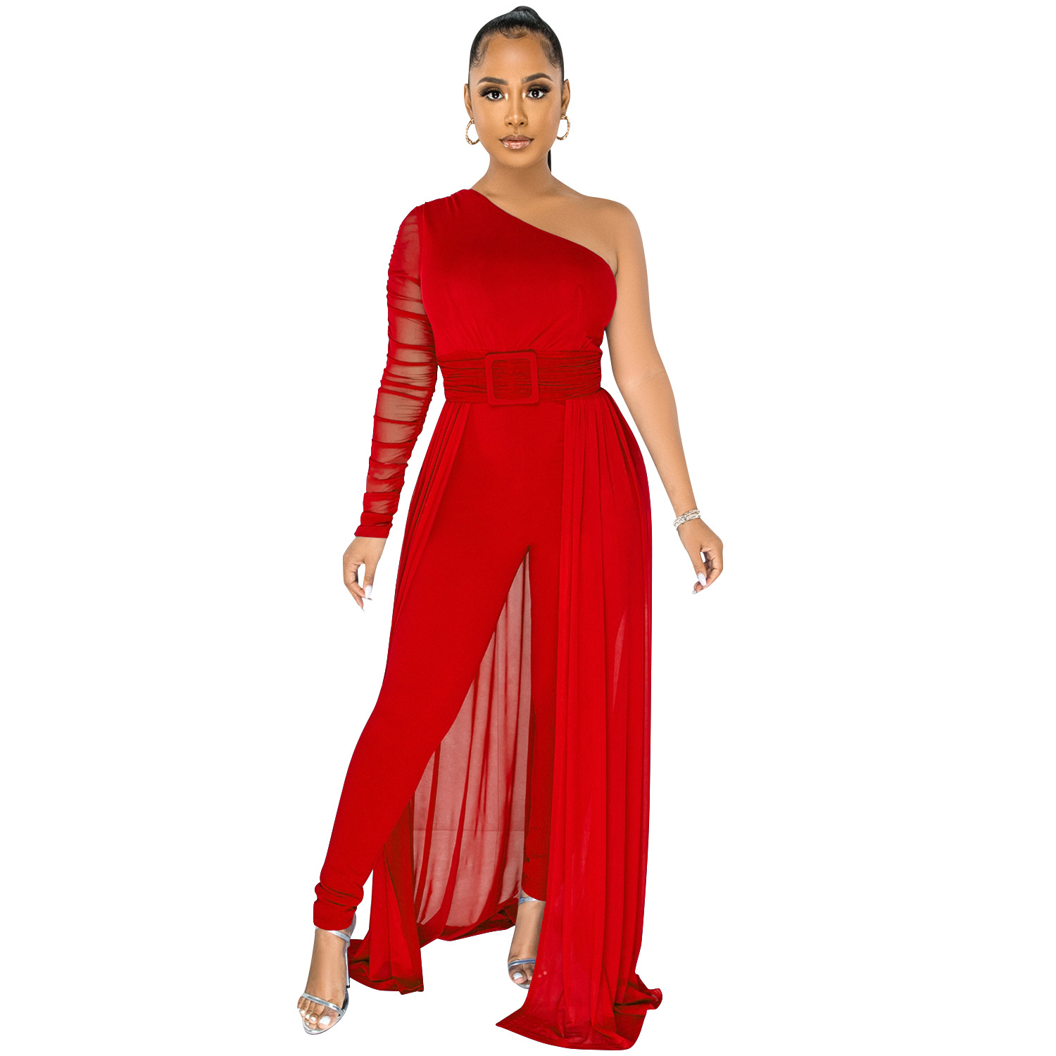 X5675 transfronterizo AliExpress deseo color sólido sexy malla ver-a través de un hombro oblicuo collar pantalones de manga larga Mono para las mujeres image 7