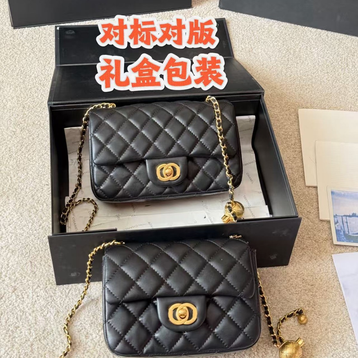 Cross-border bestseller genuine leather square quilted bag with small gold ball chain, high-end version, Chanel-style shoulder and crossbody women's bag