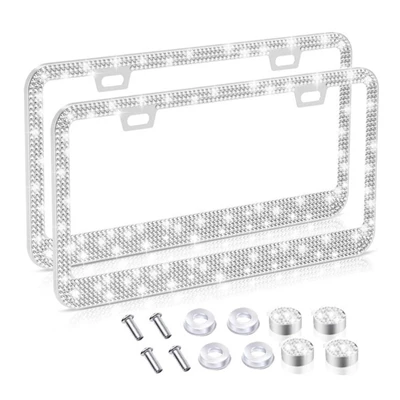 Car Diamond License Plate Frame High-End Cross-Border Crystal Diamond License Plate Frame Simple and Fashionable American License Plate Frame for Women (License plate holder/license plate holder) - white-rhinestone-1-piece