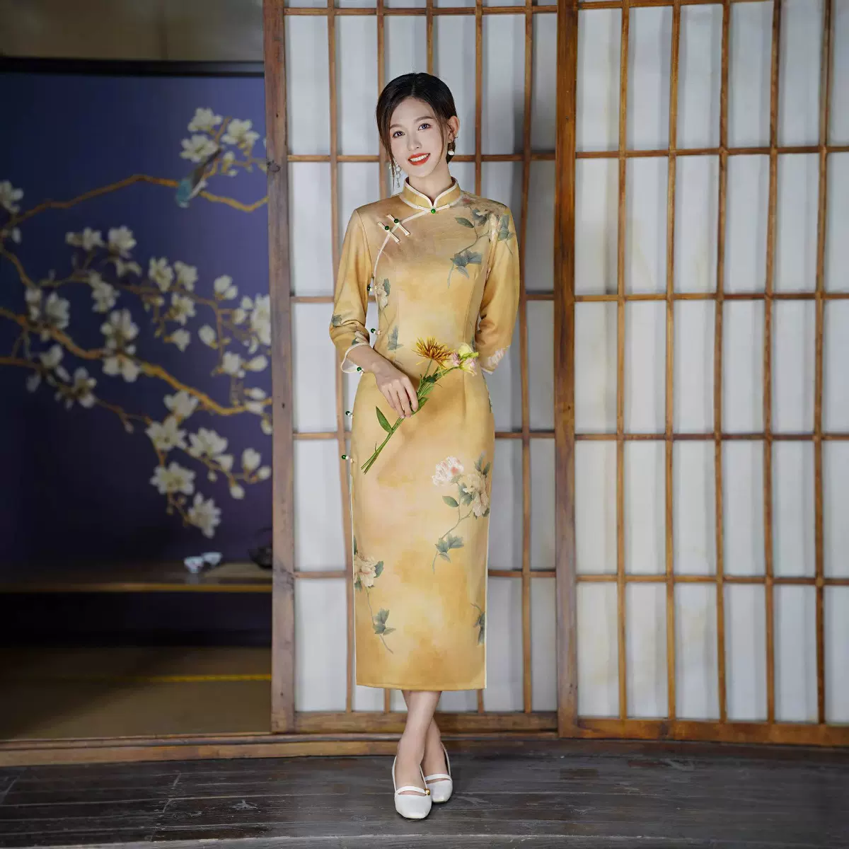 琳湘漫民国风旗袍2025年新品气质长款七分袖年轻款印花少女旗袍