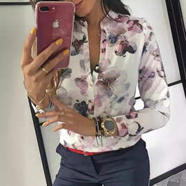外贸爆款亚马逊速卖通热销钮扣长袖时尚套头通勤修身女士印花衬衣