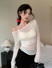 2024夏季新款辣妹性感U领长袖蕾丝衫女复古钩花蕾丝透视打底上衣