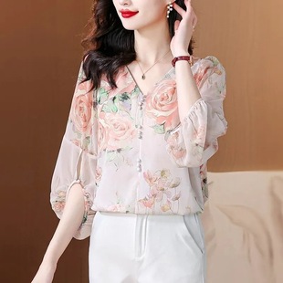 Sweet Floral Chiffon Shirt for Women 2025 Summer New Style V Neck Pullover Style Lantern Sleeve Loose Large Size Top
