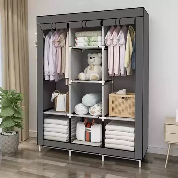 Simple Fabric Wardrobe for Home Use, Double-Layer Clothing Storage Closet with Reinforced Steel Frame and Dust-Proof Hanger