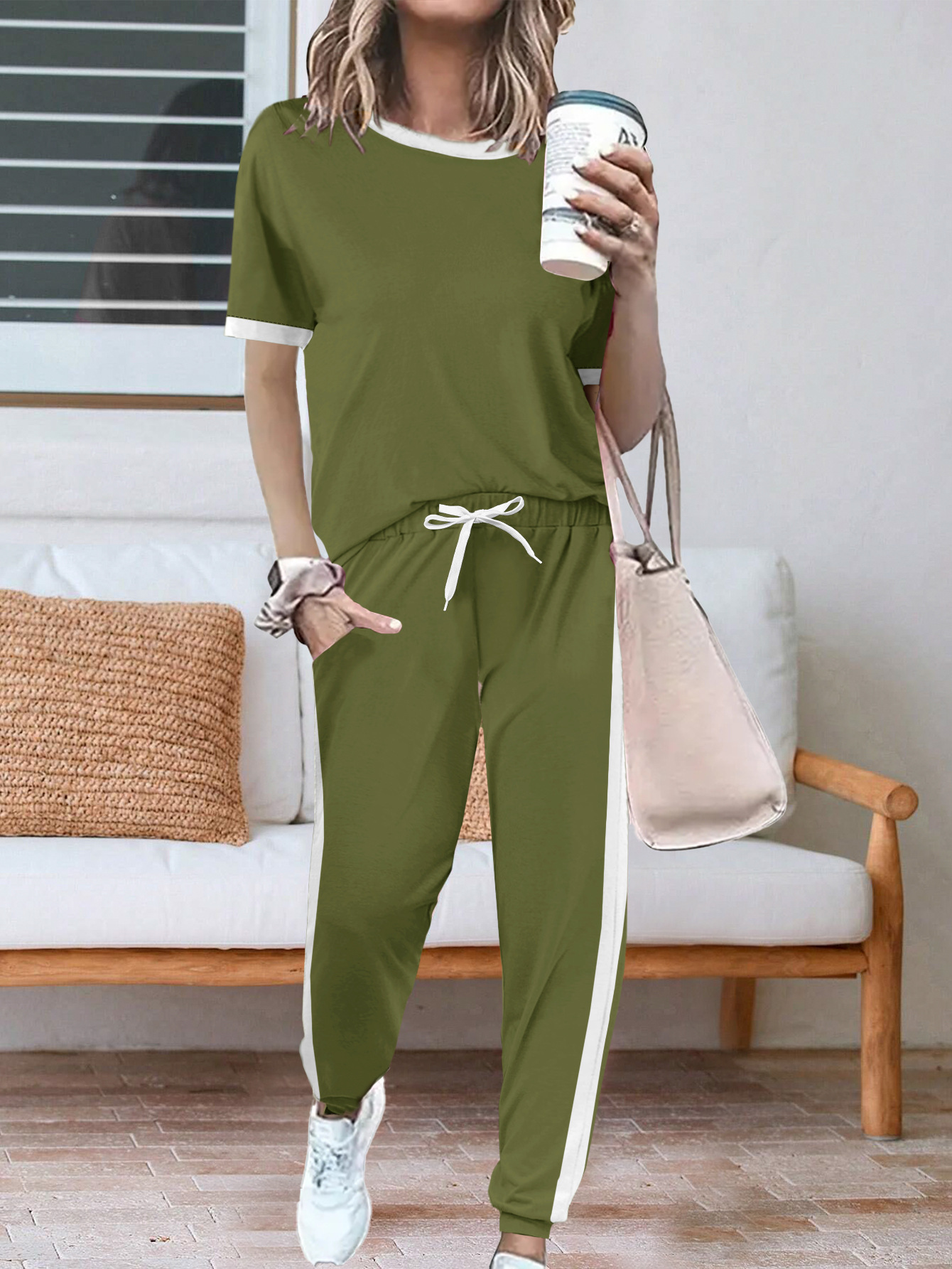 Women's Summer Two Piece Set European American Style round Neck Short Sleeve Top with Trousers_ecoleips.com