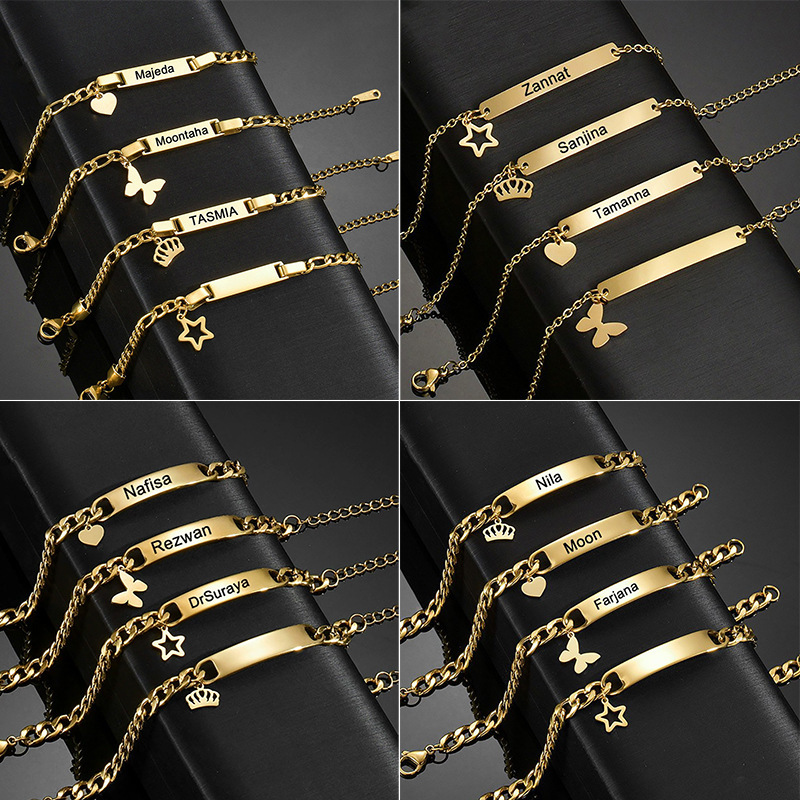 Smooth Long Titanium Steel Bracelet for Personal Diy, Long Bar Engraved Bracelet with Crown, Heart, and Butterfly Pendants, Jewelry Accessories