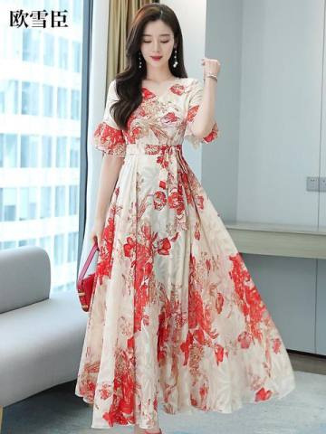 2022妈妈装冰丝印花短袖连衣裙女腰带收腰显瘦减龄洋气超大摆长裙