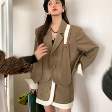 D3E35春季新款小西装套装半身裙咖色优雅两件套长袖小香风外套女