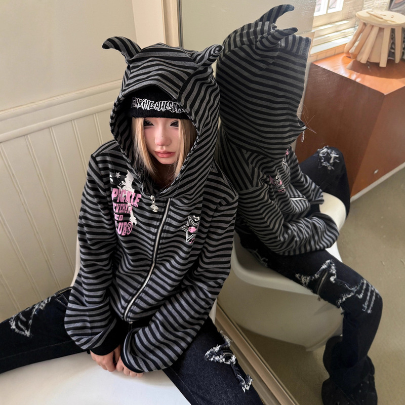 恶魔角印花条纹外套女早秋新款连帽开衫卫衣短款y2k轻亚夹克上衣|undefined