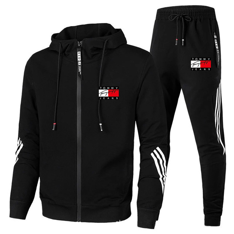 2024 Factory-produced popular European and American new products cross-border three-stripe men's fashionable sports suit with hooded zipper casual set