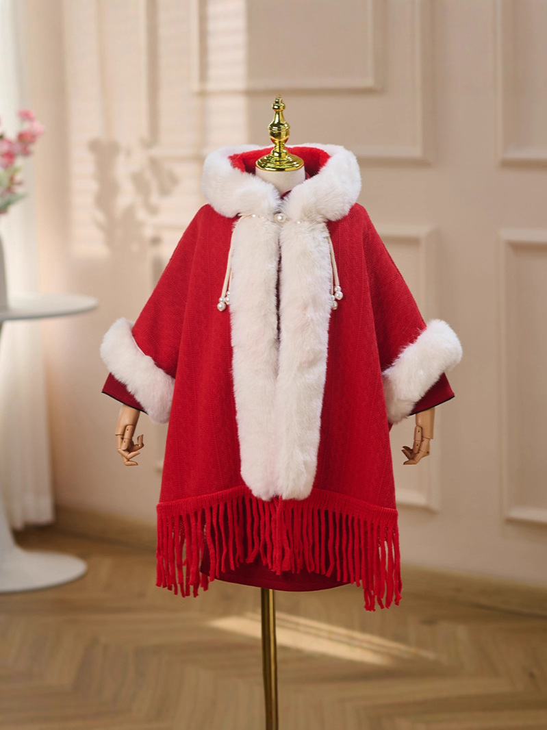 Capa rosa para niñas gruesa y cálida, ropa de Año Nuevo con capuzas largas, camisa, abrigo de cuello de pelo grande