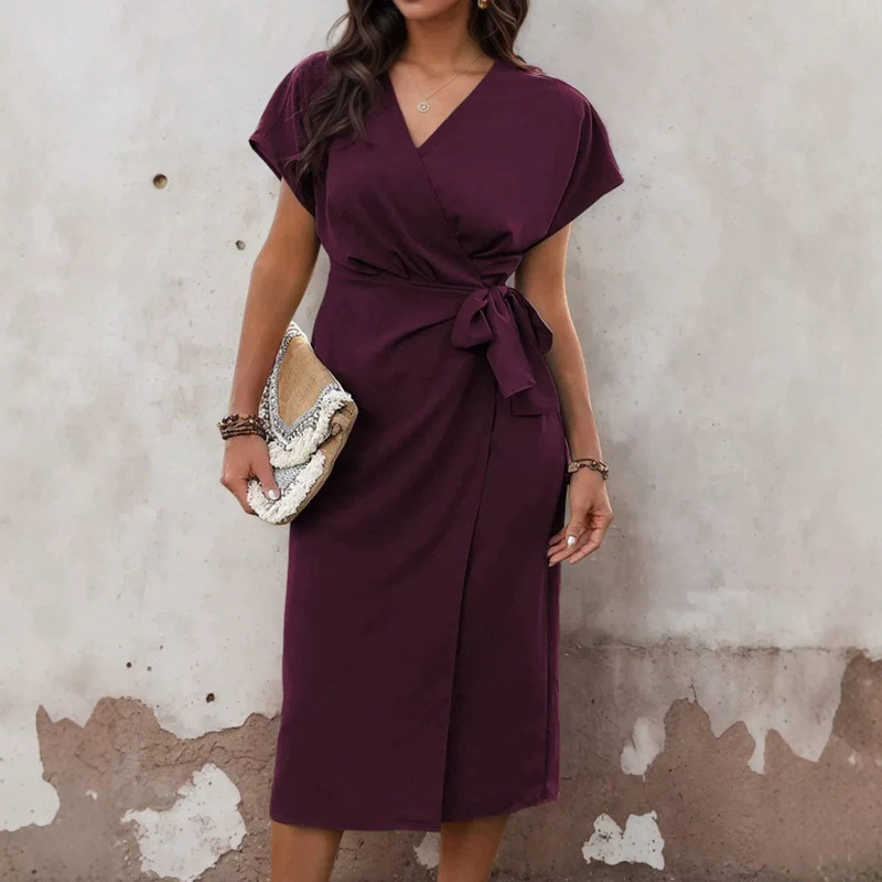 Cross-Border European and American 2026 Amazon New Commuter Fashion Slit V-Neck Solid Color Wrap Dress with Tie for Women