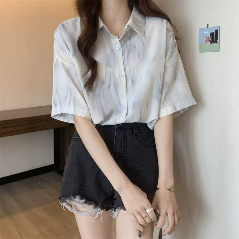White Short-Sleeve Shirt 2026 Retro Hong Kong Style Tie-Dye Ink Print Shirt with Unique Design for Women Summer White Short-Sleeve Shirt 2026 Retro Hong Kong Style Tie-Dye Ink Print Shirt with Unique Design for Women Summer