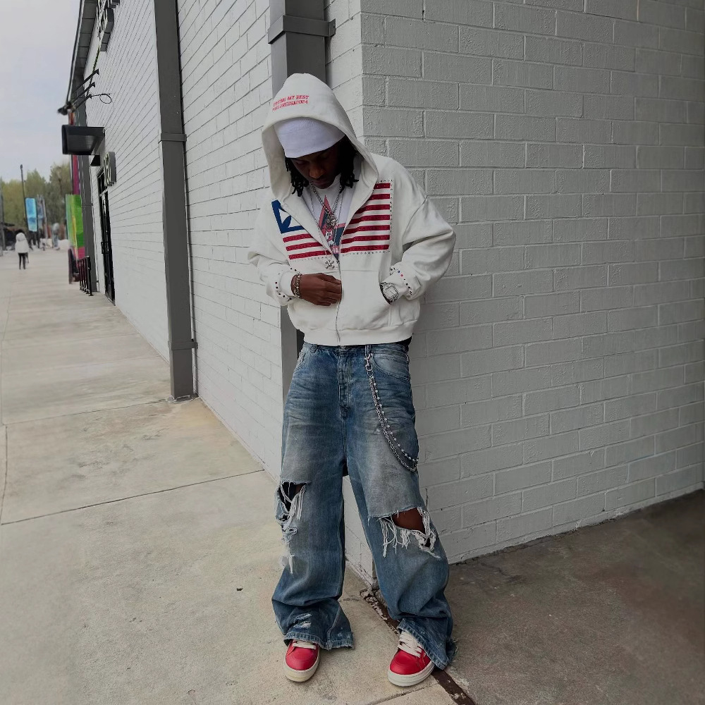 Sweat-shirt à capuche zippé tendance style hip-hop avec imprimé graphique et poches – Streetwear oversize pour homme et femme (noir/blanc, S/M/L/XL)_voghion.com