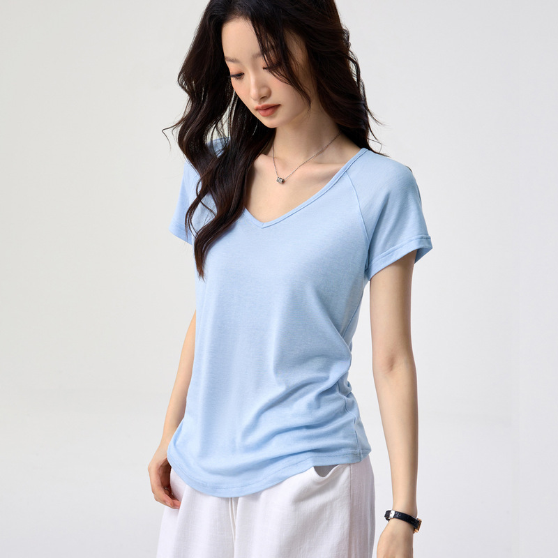 Tencel Wool Lightweight V-Neck T-Shirt for Women, Summer Design, New Short-Sleeve Style, Elegant and Slimming, Versatile Top