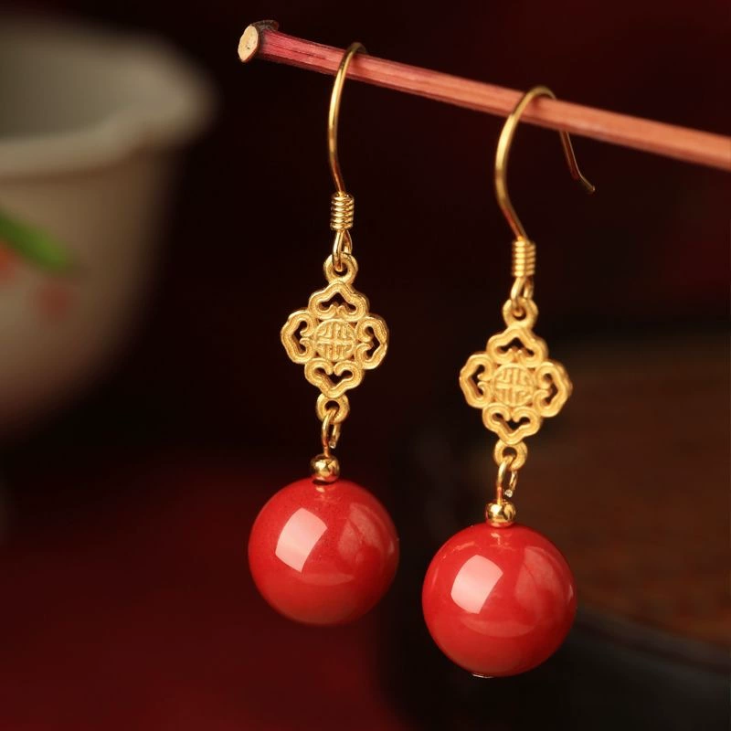 Sihe Ruyi натуральная киноварь серьги женские красные ретро китайский стиль