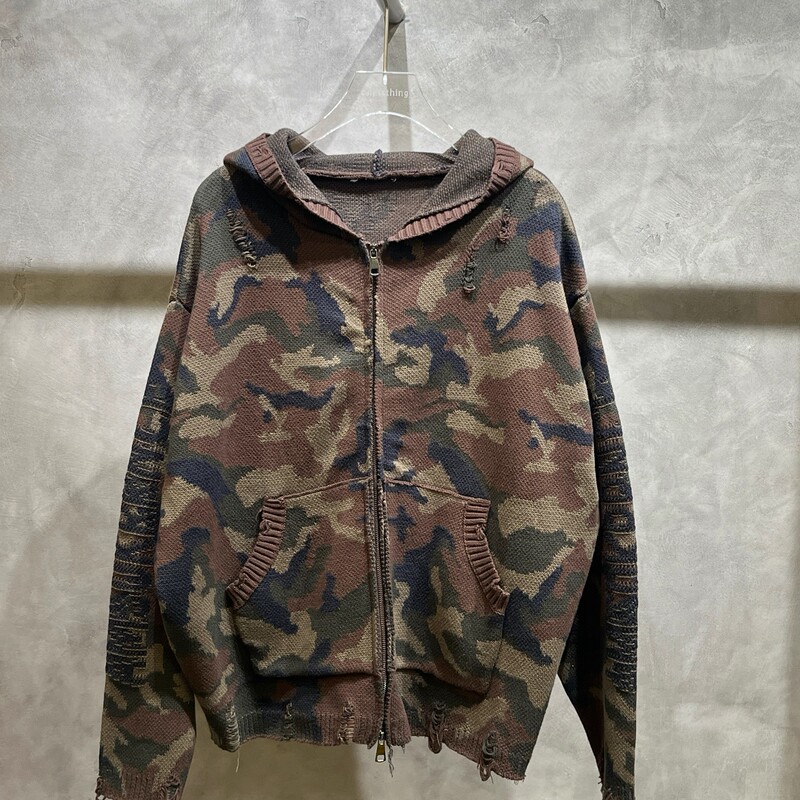 American Retro Ripped Camouflage Zipper Hooded Sweater Men's Trendy Brand Handsome High-End High Street Jacket Couple Men