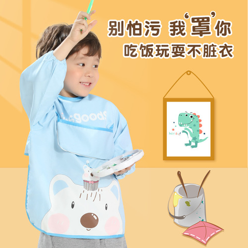 Children's coveralls, long-sleeved clothes, anti-dirty and waterproof, men's and women's baby aprons, cute cartoon pockets, reverse dressing DRZY01