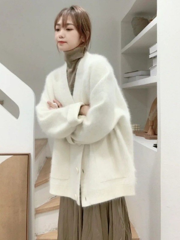 2025高级新品仿貂绒开衫女宽松针织毛绒绒软糯秋冬季加厚毛衣外套|undefined