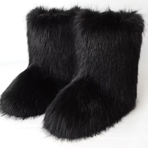 Eurasian fluffy snow boots with mid-calf length, winter new style sleeve boots, thickened imitation fox fur mid-calf snow boots