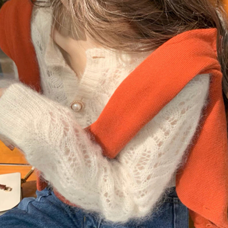 Coat, Short Sweater, Fragrant Style, Thin Mohair, Cardigan, Hollow-Out, New Knitwear, Loose Fit, Spring