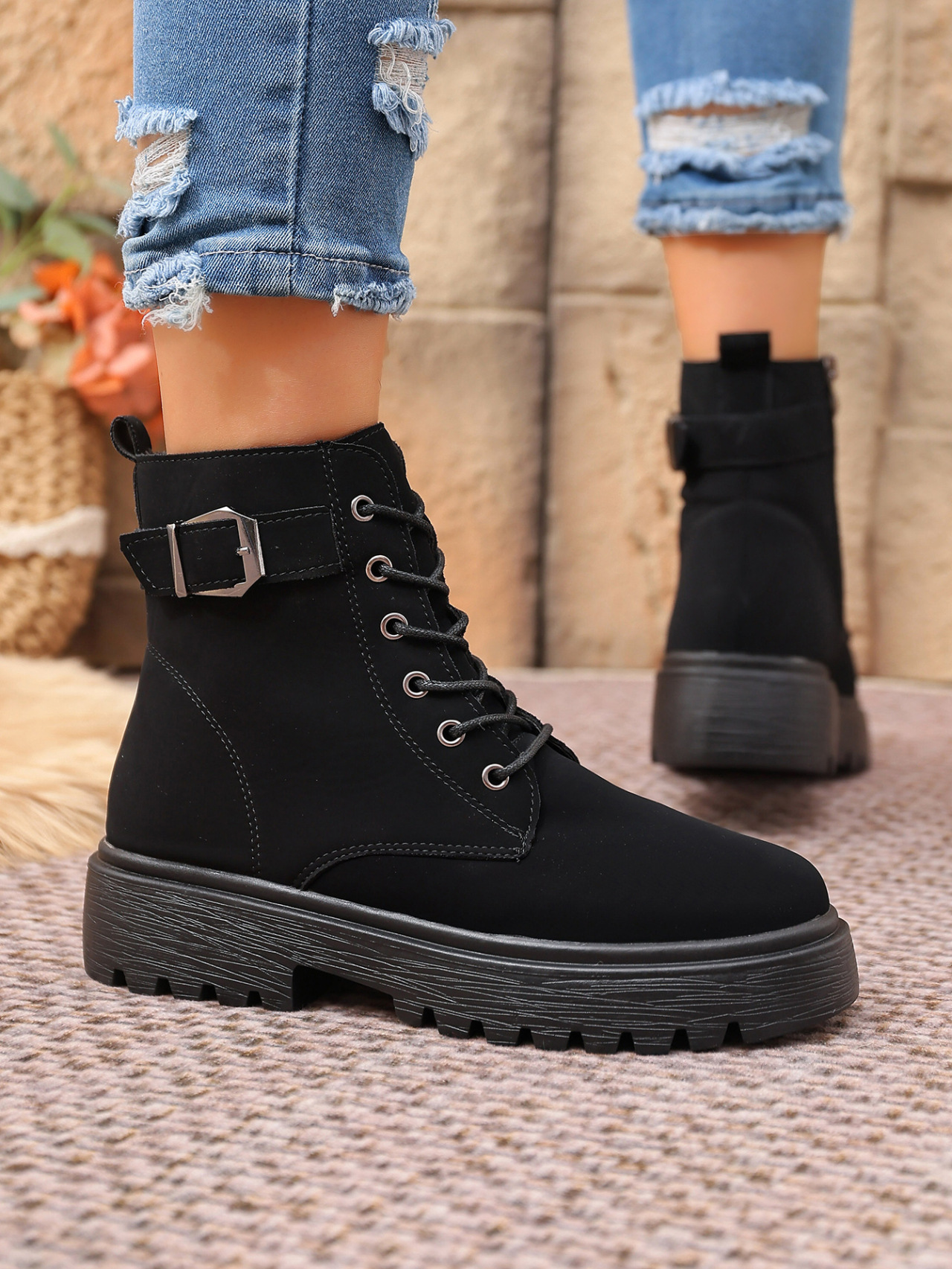 Women's Round Toe Ankle Boots With Side Zipper And Belt Buckle_voghion.com