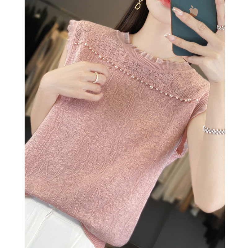 Worsted Wool Vest Lace Beaded Base Shirt 2025 Spring and Summer Sleeveless Top Women's Mock Collar Hollow Sweater