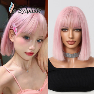 Wig Women's Full Head One-size-fits-all cospaly Pink Straight Hair TEMU Bangs Universal Short Hair Halloween Women's League