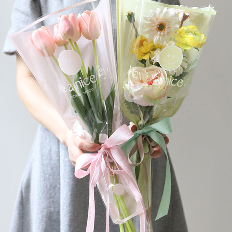 阳光心情笑脸单支袋包装玻璃纸透明多枝花束袋子鲜花包装袋材料