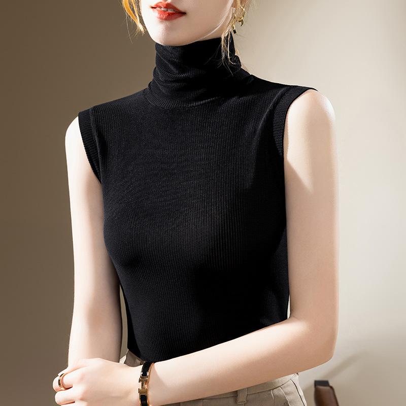 Las mujeres cuello alto Chaleco de malla 2023 nuevas elegante interior estilo occidental pequeña camisa color sólido cintura sin mangas top