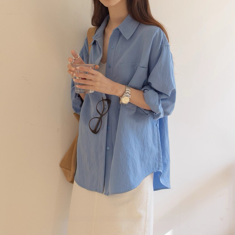 Solid Color Simple Lapel Shirt Women's Spring and Summer 2025 New Casual Large Pocket Draped Long Sleeve Top