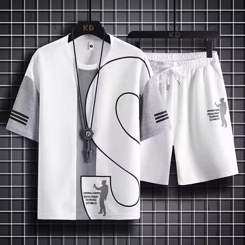 Summer Men's Waffle Two-Piece Set Trendy Fashion Loose Short Sleeve T-Shirt And Shorts Versatile Sports Casual Suit_viptrois.com
