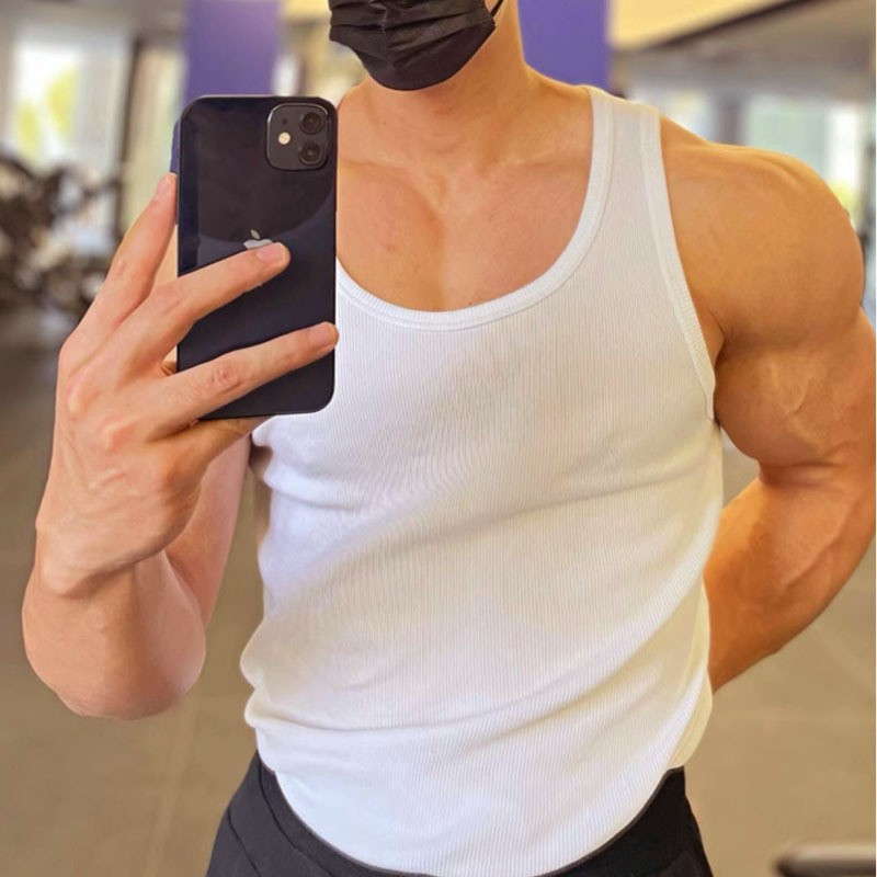 Pure Cotton Coarse Thread Slim Stretch Sports Fitness Vest Men's Round Neck Large Size Quick-Drying Muscle Training Breathable