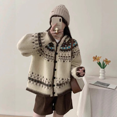 费尔岛重工提花连帽开衫毛衣女2025秋冬新款韩系慵懒风针织外套厚