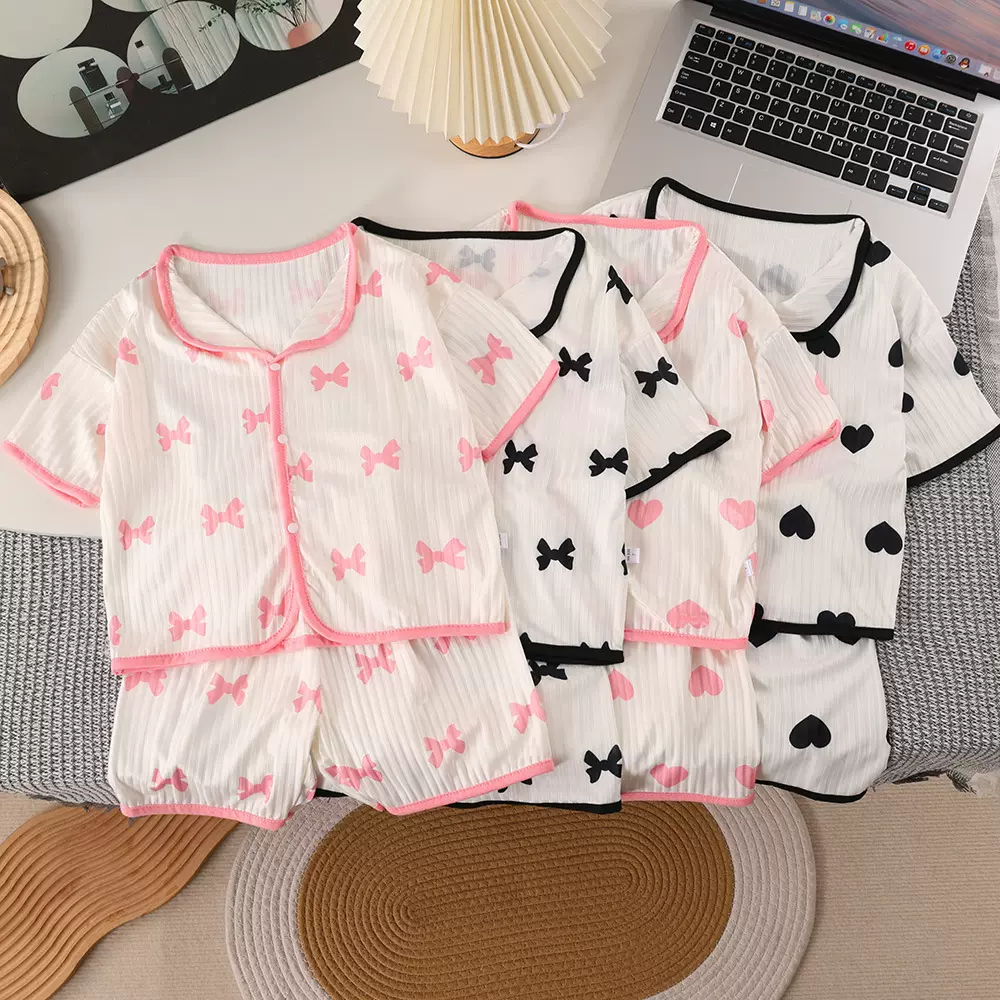 2025新款女童家居服夏季冰丝翻领睡衣中大童短袖家居套装