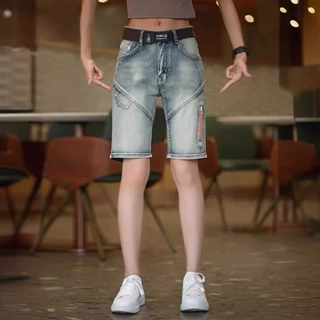 机车款男士牛仔短裤夏季个性潮流修身弹力复古做旧百搭五分马裤子