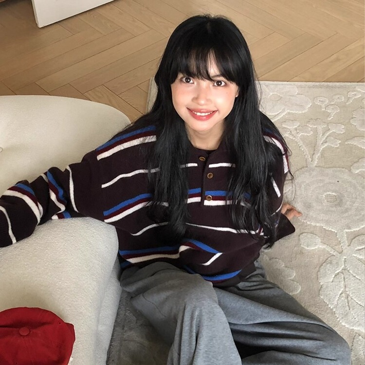 韩式撞色条纹polo衫2025秋冬新款宽松慵懒风软糯毛衣上衣翻领卫衣|undefined