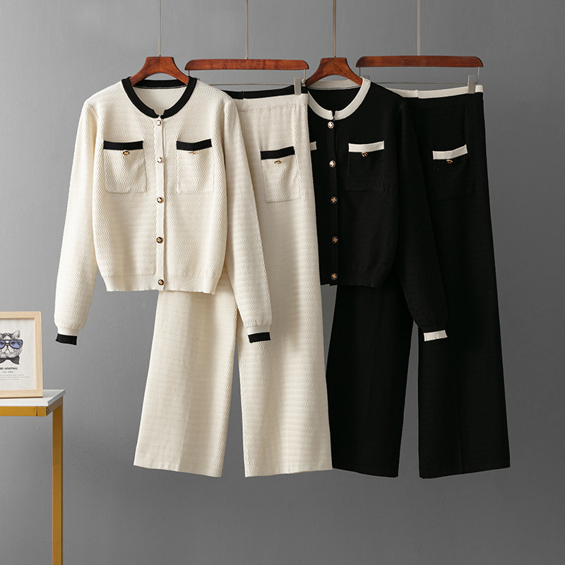 跨境小香风高级感斩女时尚针织套装女秋冬长袖衬衫+高腰垂感长裤