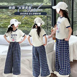 女童2025夏装套装新款儿童中大童女孩短袖阔腿裤洋气时髦两件套潮