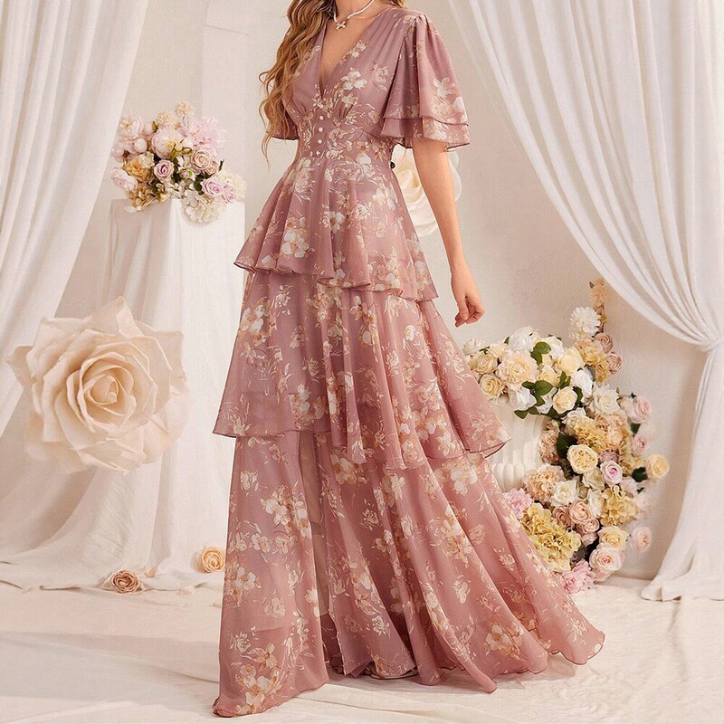 Cross-Border Amazon New V-Neck Puff Sleeve Printed Chiffon Long Dress for Women, Elegant and Graceful, with a Cinched Waist and Layered Ruffles