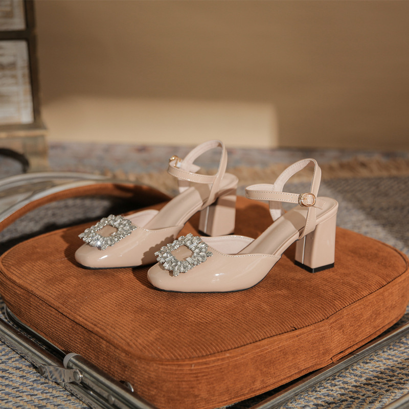 2024 new square toe chunky heel high heel shoes plus size extra large widened back empty sandals square buckle rhinestone small size 313233