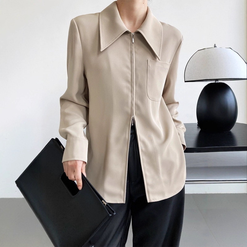 设计感双拉链衬衣春秋肩外套别致大码胖感正小众衬衫上衣女