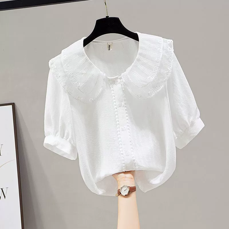 Шифоновая белая рубашка с воротником для куклы и короткими рукавами, женская летняя тонкая рубашка, новинка 2025 года, красивый и модный топ