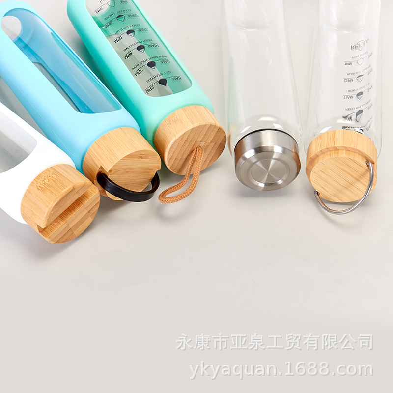 Cubierta de bambú transfronteriza de vidrio aislado de gran capacidad de una sola capa de vidrio de borosilicato taza de agua con taza de silicona cubierta protectora al por mayor