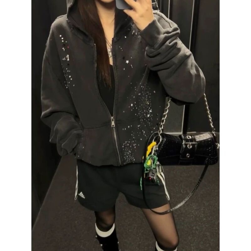 Oversize Retro Design Baby's Breath Hot Diamond Washed Distressed Zipper Hooded Autumn and Winter Sweatshirt Jacket for Men and Women Trendy Oversize Retro Design Baby's Breath Hot Diamond Washed Distressed Zipper Hooded Autumn and Winter Sweatshirt Jacket for Men and Women Trendy