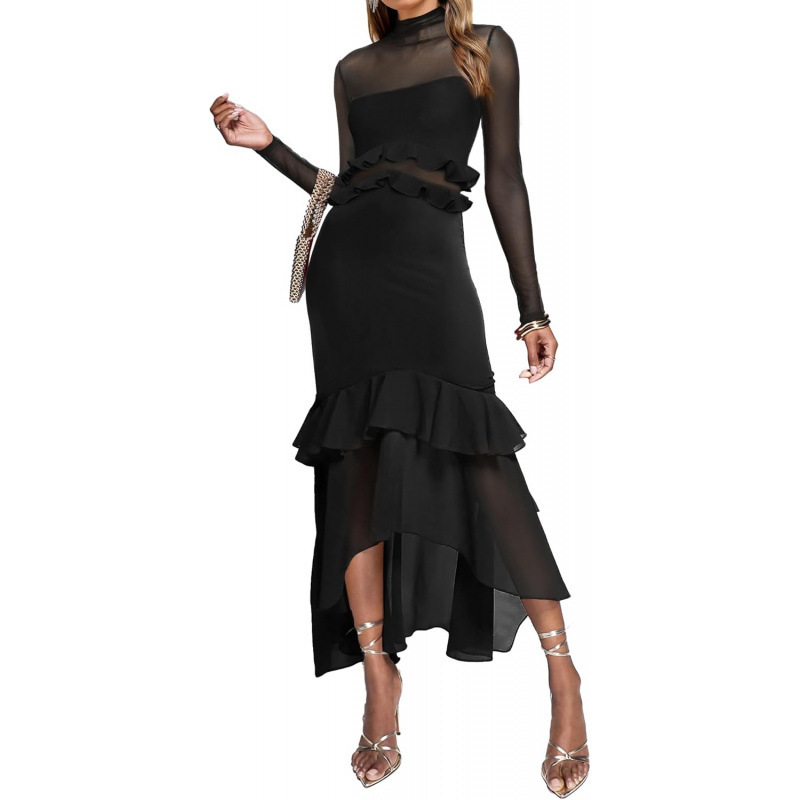 Cross-Border Amazon European and American Style Pleated Slim-Fit Long-Sleeve Dress for Women, 2026 Summer New Cocktail Party Dress Cross-Border Amazon European and American Style Pleated Slim-Fit Long-Sleeve Dress for Women, 2026 Summer New Cocktail Party Dress