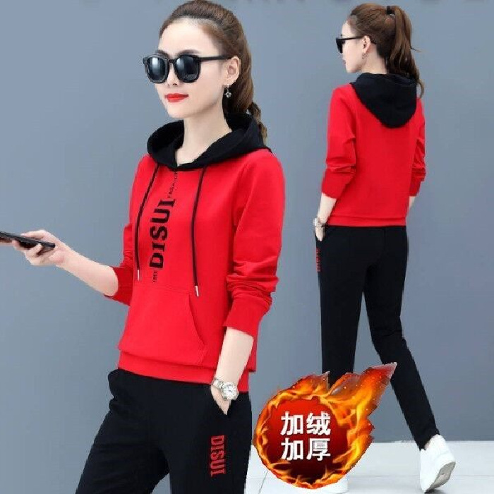 374#休闲运动服套装女秋冬季新款宽松连帽加厚加绒卫衣两件套|undefined