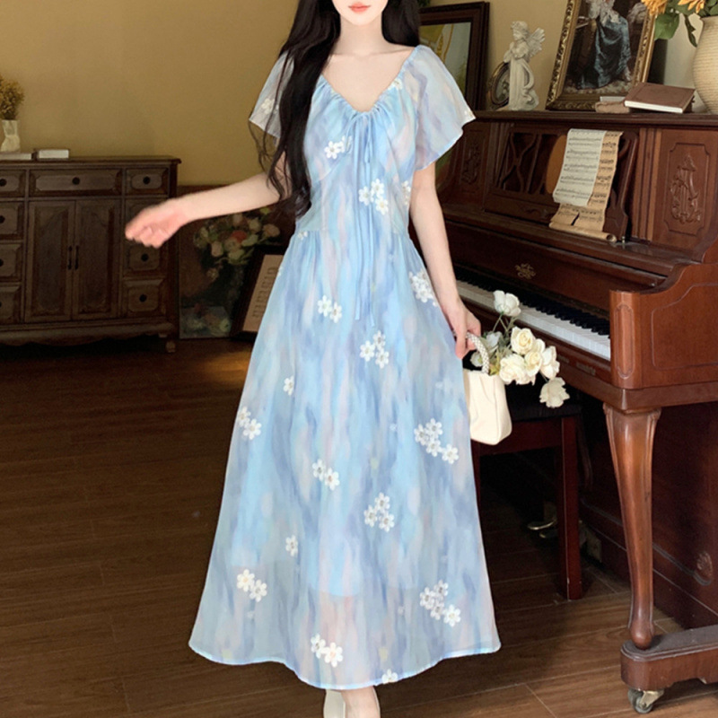 夏季法式领桔梗碎花连衣裙大码海边度假沙滩裙初恋约会仙女裙子